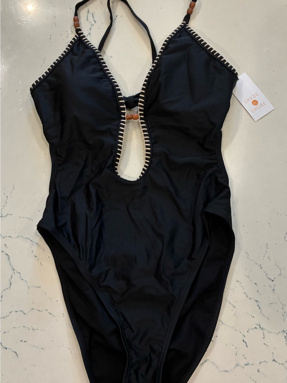 NWT Shade & Shore Black One-Piece Swimsuit with Cream Trim and Bead Accents M